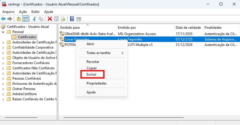 Menu do botão direito sobre um certificado expirado, com a opção Excluir destacada.