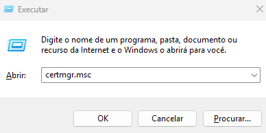 Janela Executar com o comando certmgr.msc digitado, pronto para abrir o gerenciador de certificados.