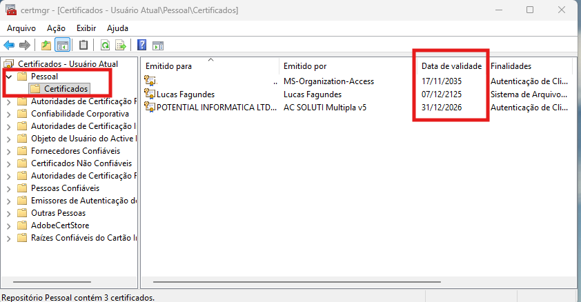 Gerenciador de certificados com a pasta Pessoal expandida, exibindo a lista de certificados e a coluna Data de validade.