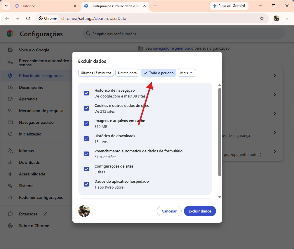 Janela de exclusão de dados do Chrome com 'Todo o período' selecionado e todas as caixas de seleção marcadas, com o botão Excluir dados.