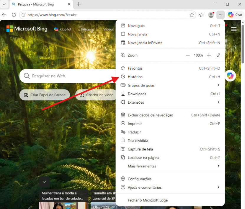 Menu do Microsoft Edge aberto, com a opção Histórico destacada.