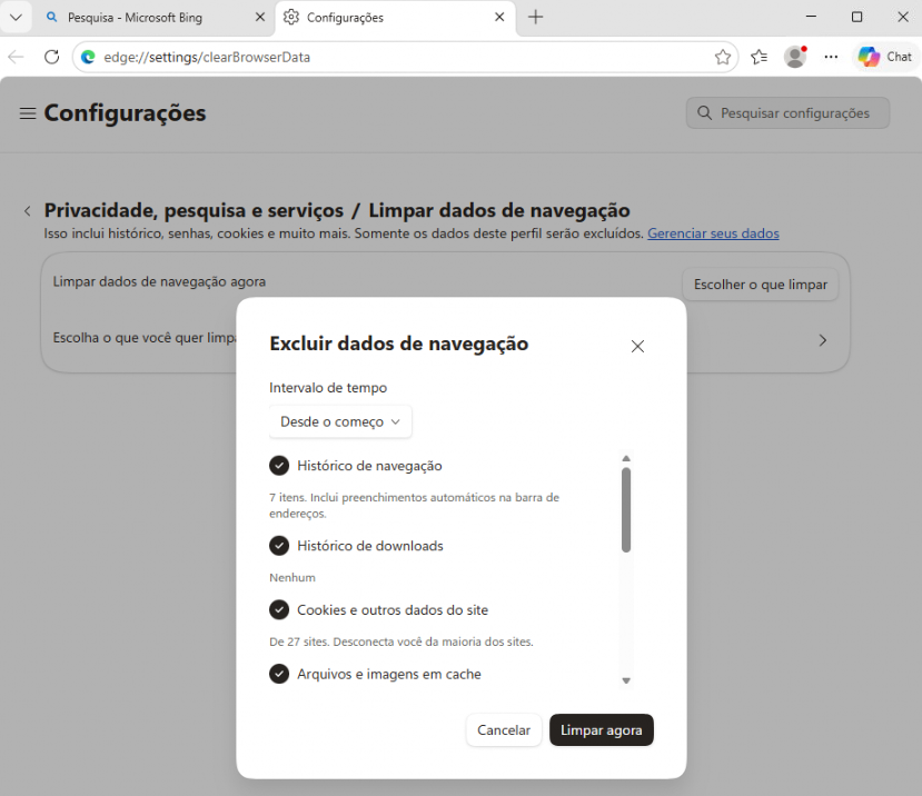 Janela de limpeza de dados do Microsoft Edge com 'Desde o começo' selecionado no intervalo de tempo e todas as opções marcadas, com o botão Limpar agora.