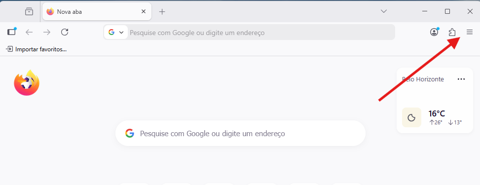Botão de menu do Mozilla Firefox, representado por três barras horizontais no canto superior direito da janela.