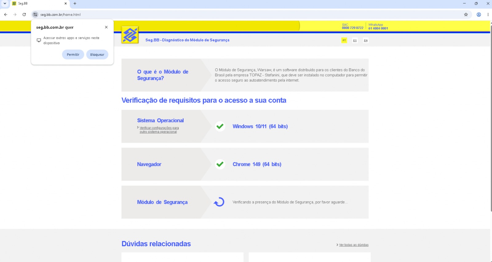Mensagem do navegador, ao lado da barra de endereço, pedindo permissão para o site do banco acessar a localização do dispositivo ou outros aplicativos e serviços.