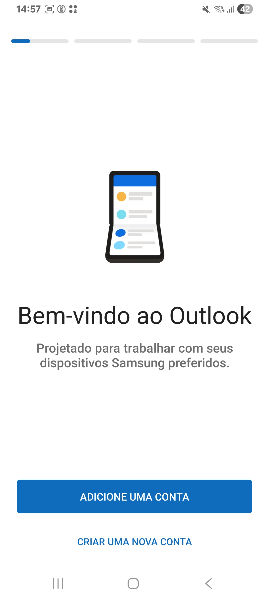 Tela inicial do app Outlook com o botão 'Adicione uma conta'.