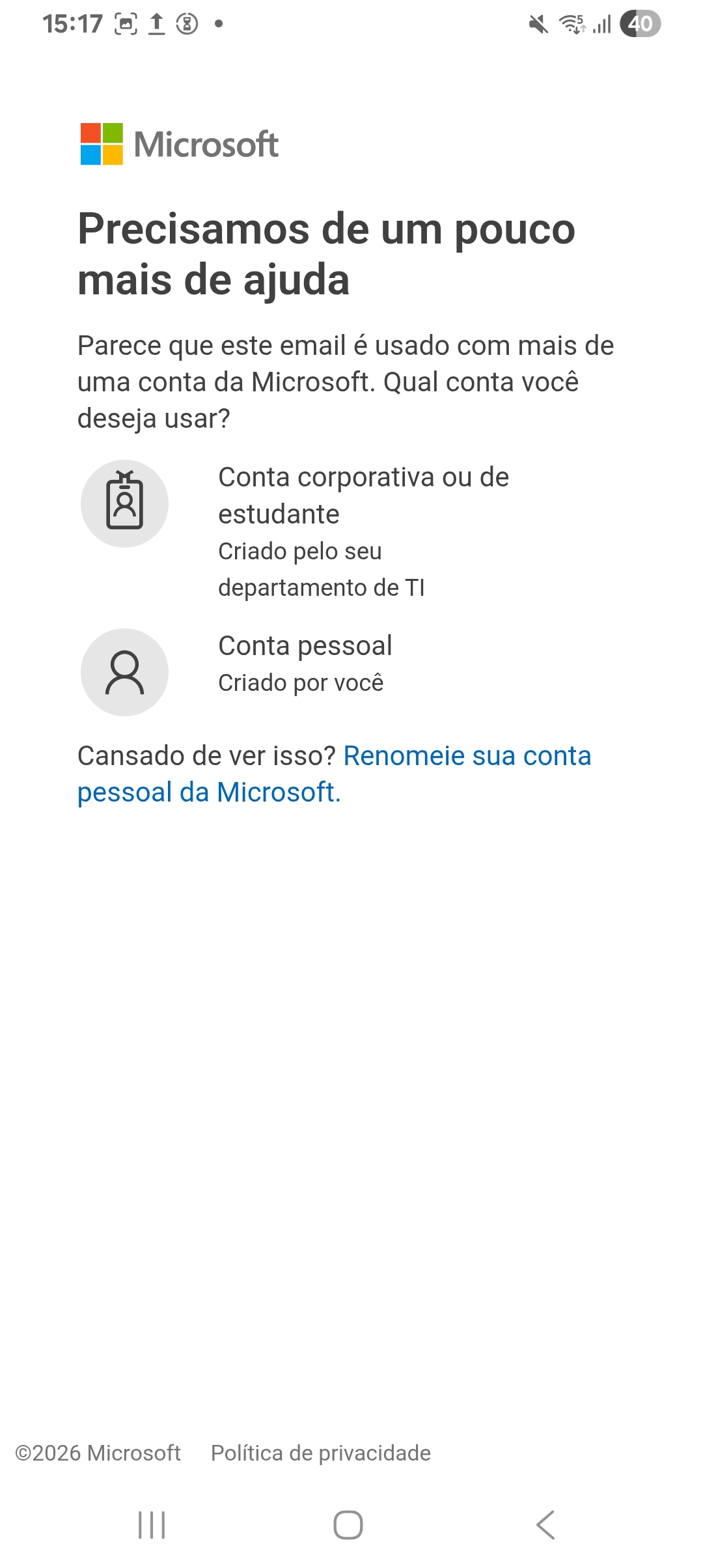 Tela do Outlook com a opção 'Conta Corporativa ou de Estudante'.