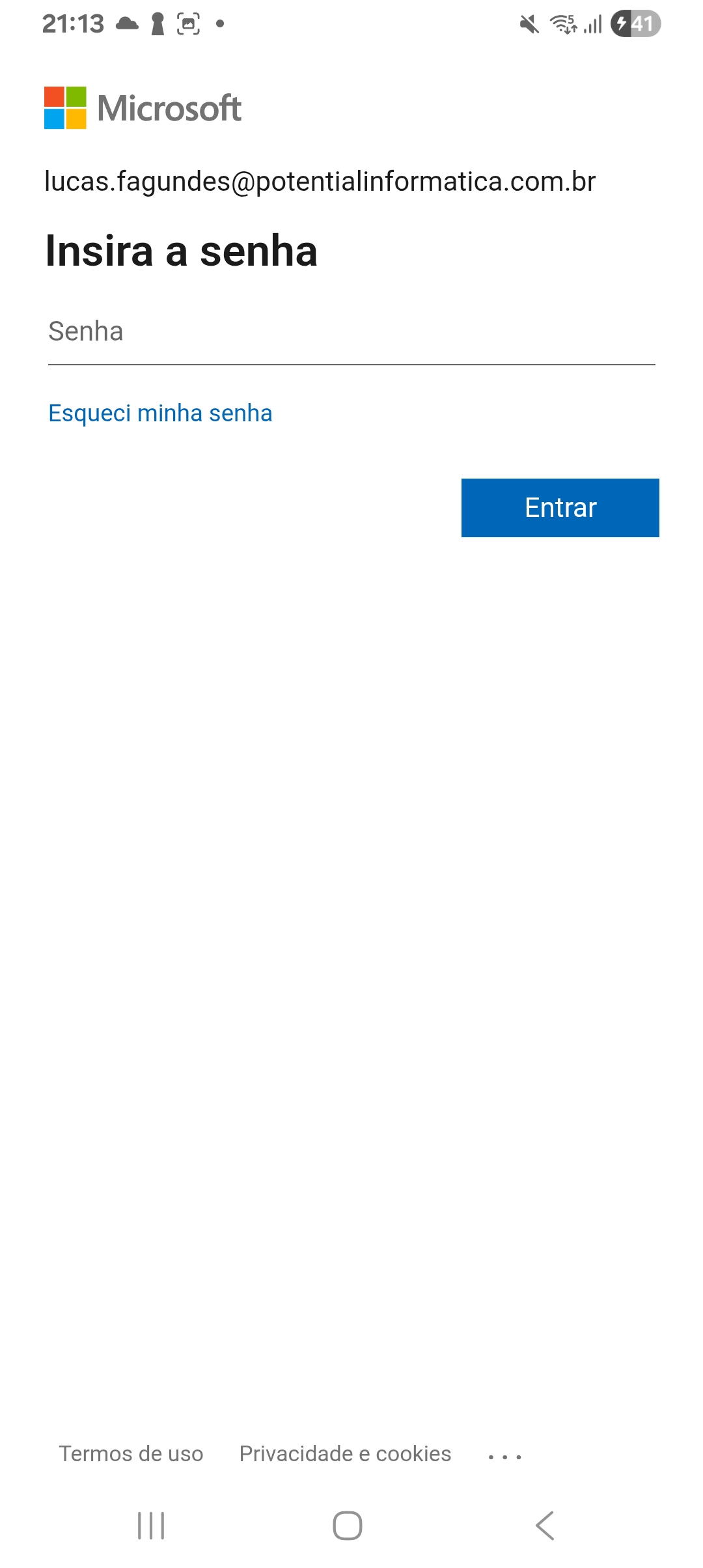 Tela de senha da conta Microsoft, com o botão Entrar.