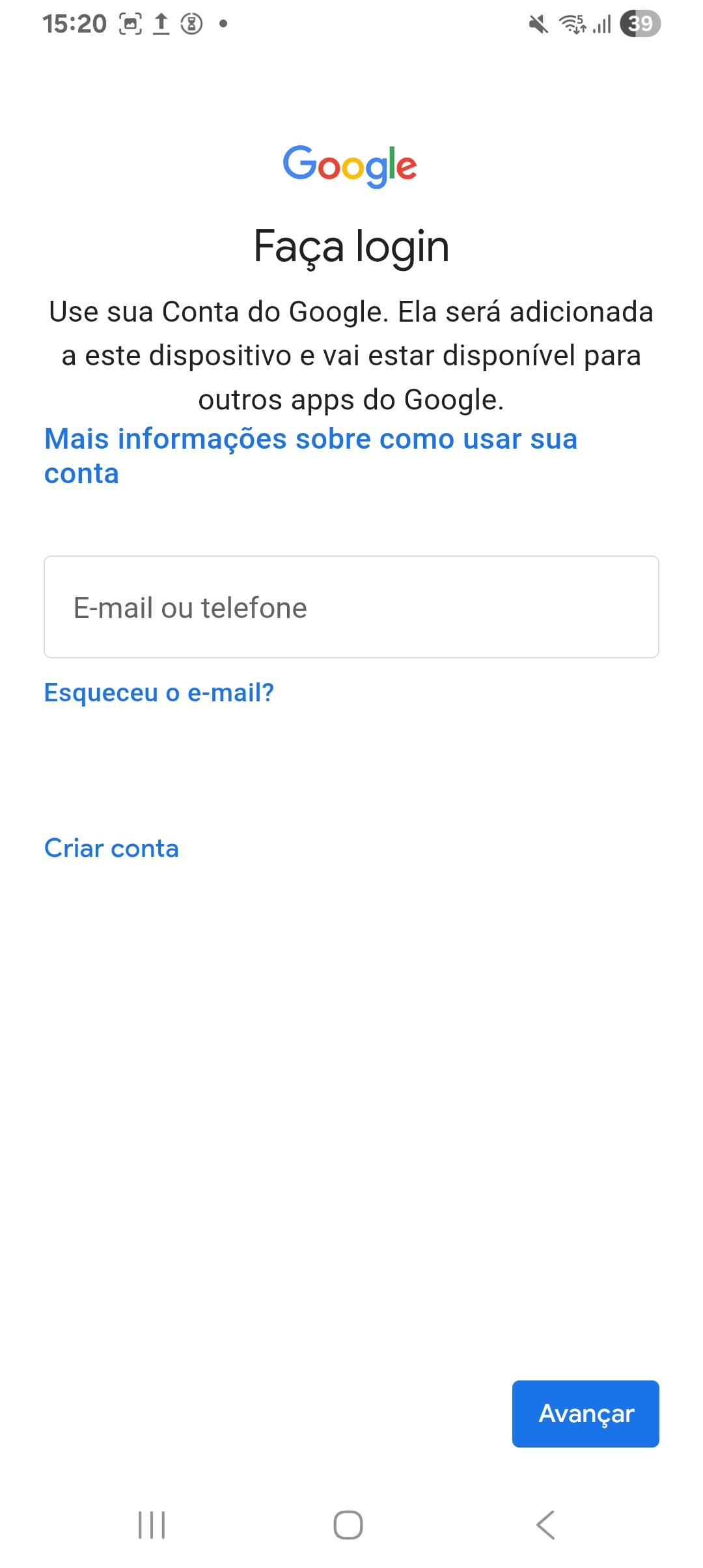 Campo para digitar o e-mail Google, com o botão Avançar.