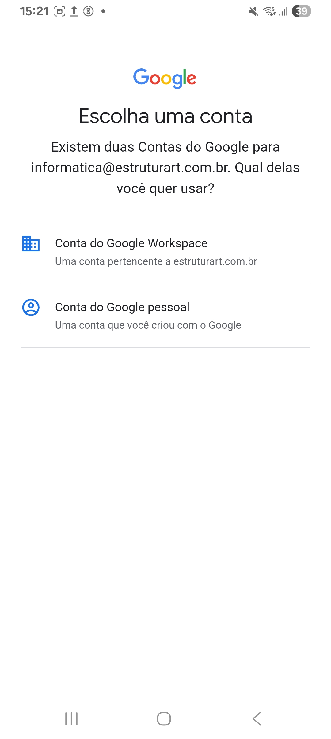 Tela com a opção 'Conta do Google Workspace'.