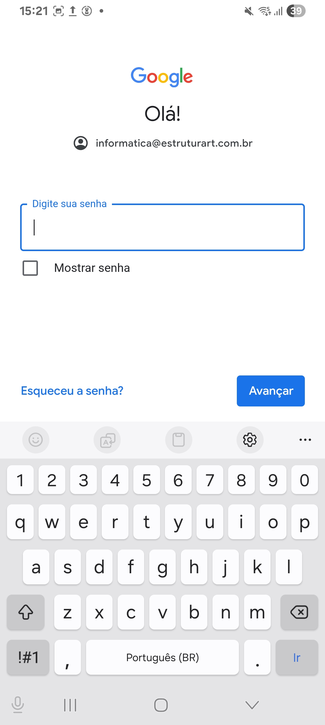 Tela de senha da conta Google Workspace.