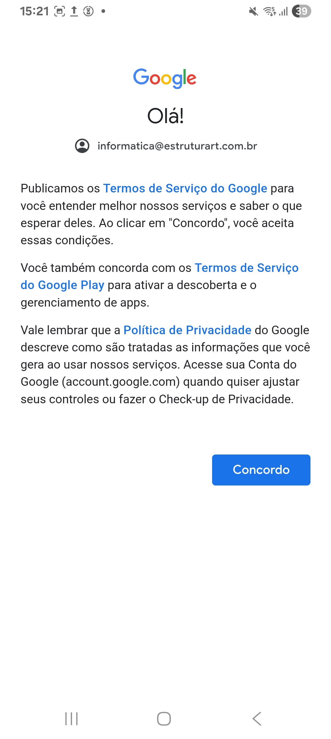 Tela de termos do Google com o botão Concordo.