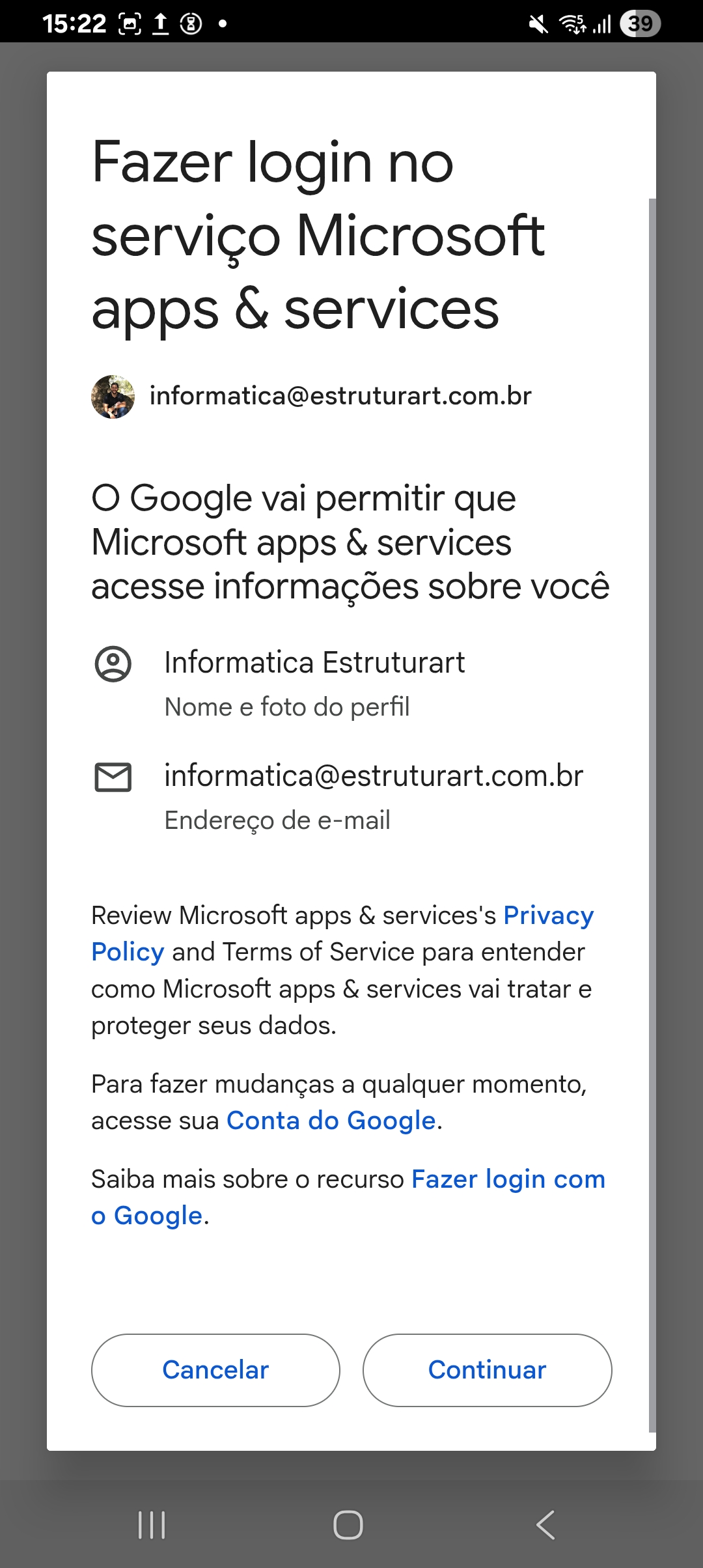 Tela do Google informando que os serviços da Microsoft pedem permissão de acesso, com o botão Continuar.