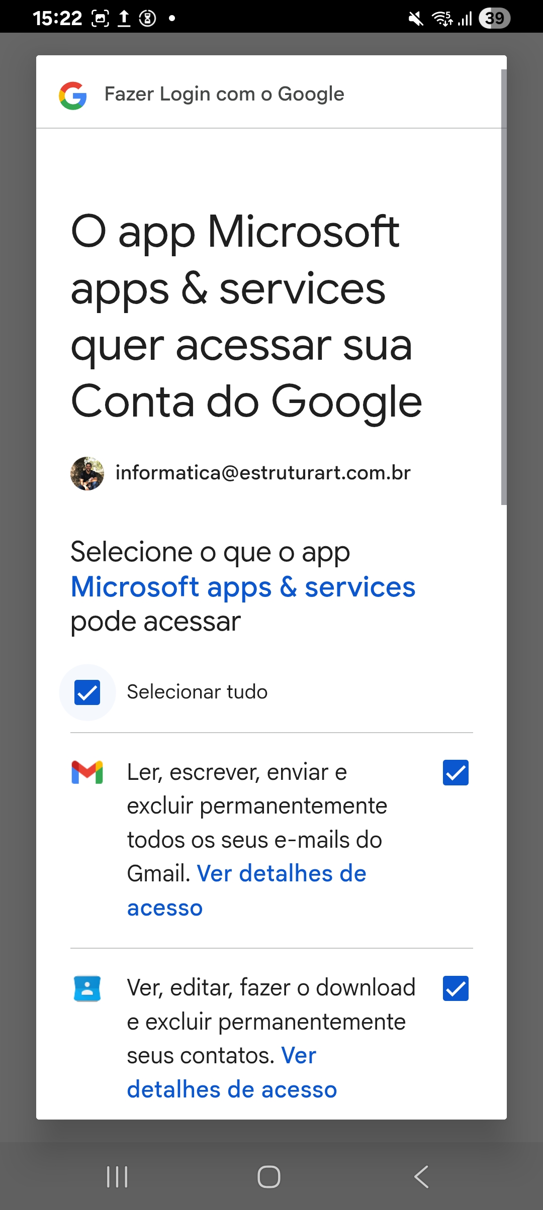 Tela do Google para selecionar quais informações o Outlook pode acessar, com a opção Selecionar tudo.