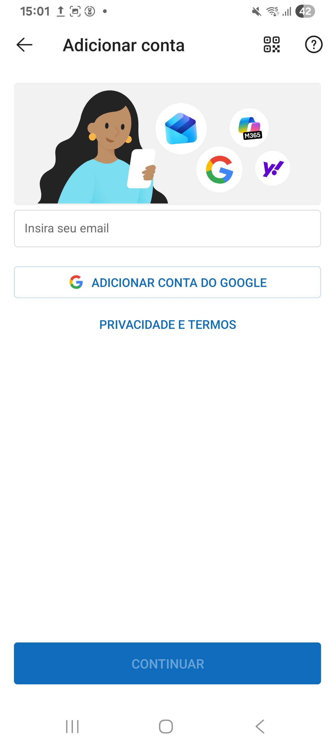 Campo para digitar o endereço de e-mail no Outlook, com o botão Continuar.