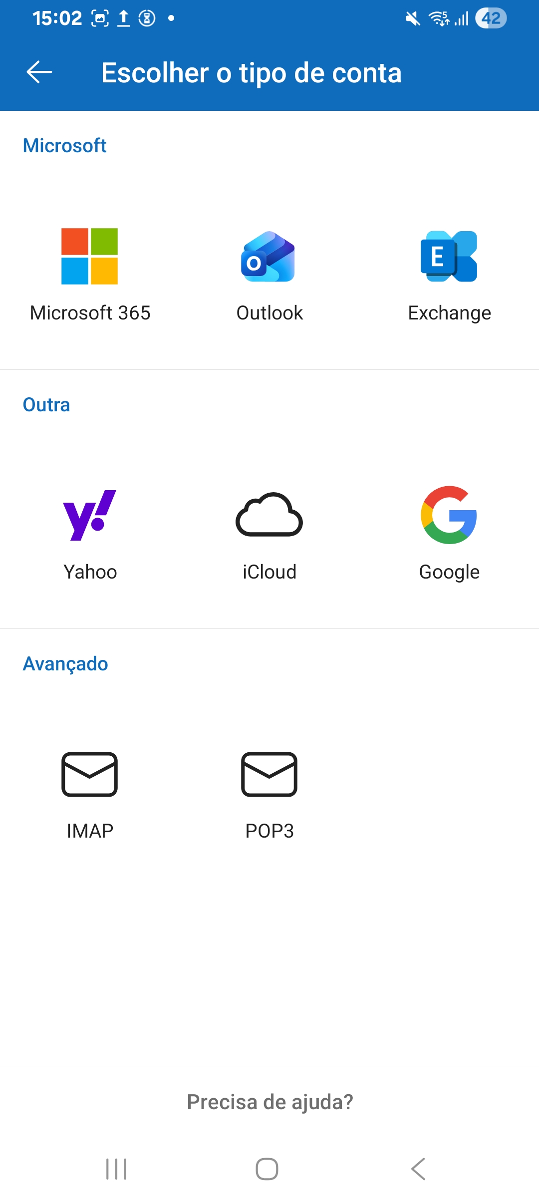 Tela de escolha do tipo de conta no Outlook, com a opção IMAP.