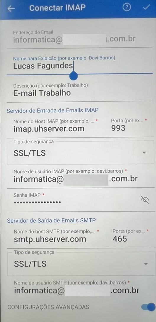 Campos de servidor de entrada IMAP preenchidos no Outlook.