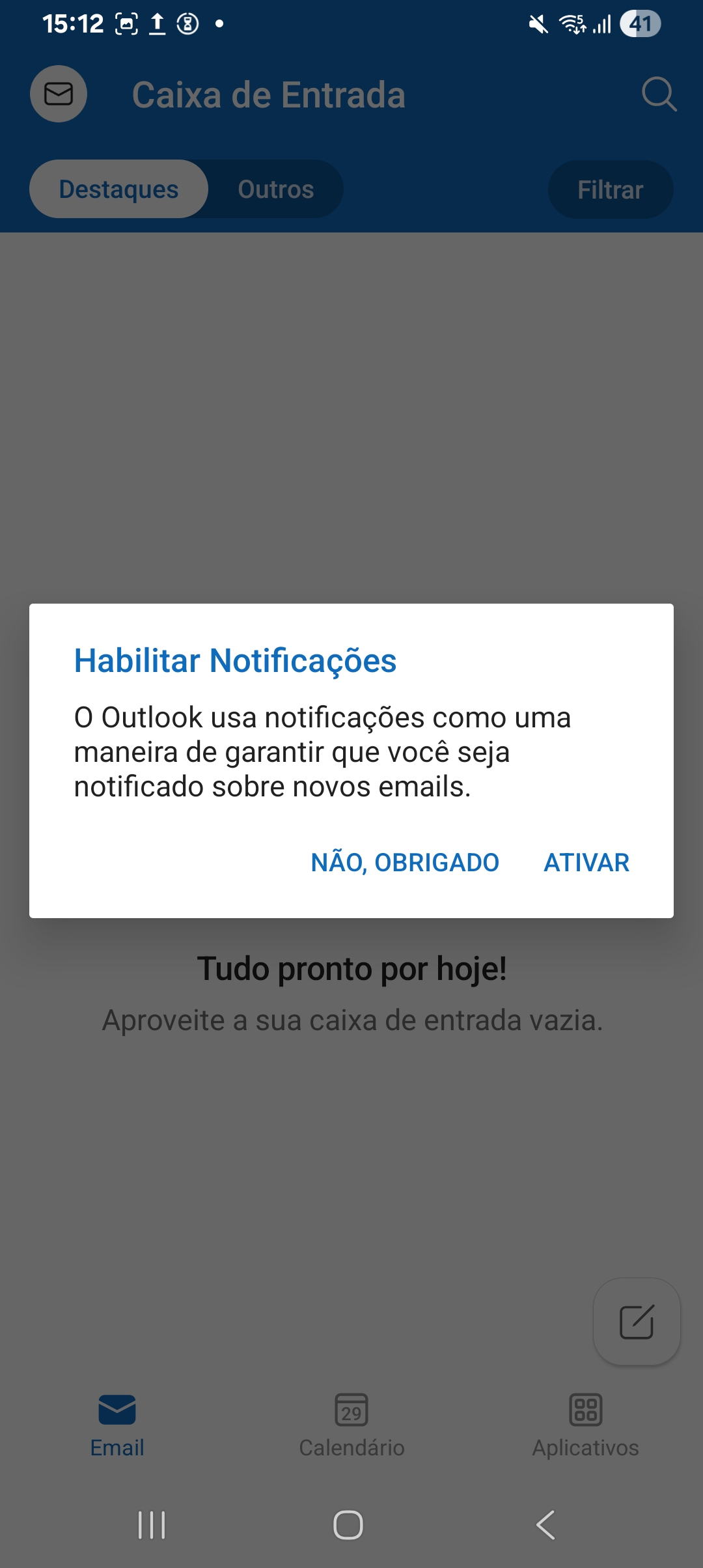 Tela do Outlook perguntando se deseja ativar as notificações.